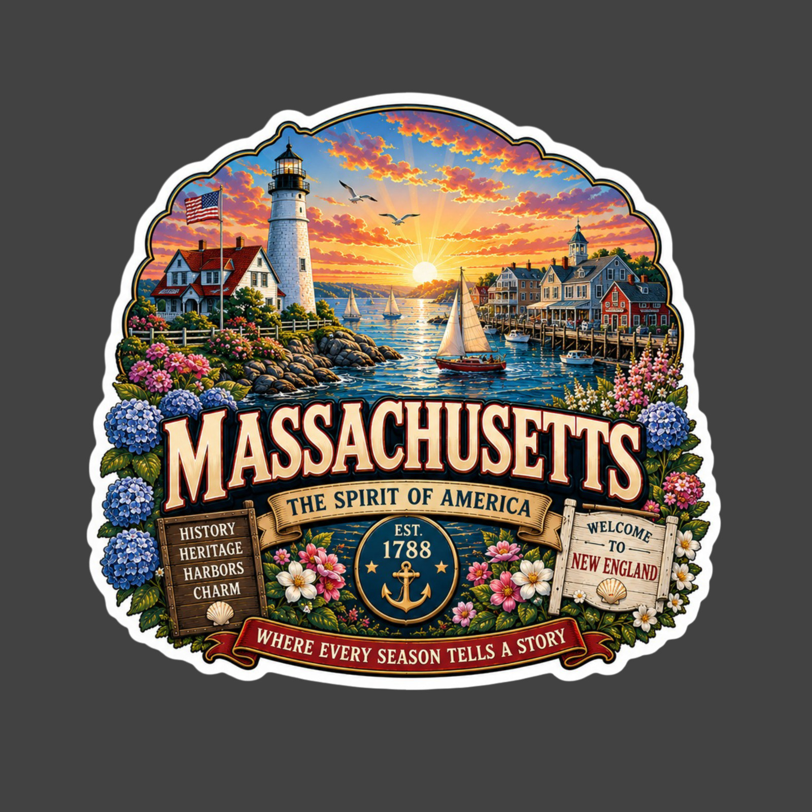 Massachusetts Sticker Vinyl Decal Cape Cod Harbor Lighthouse Travel Souvenir