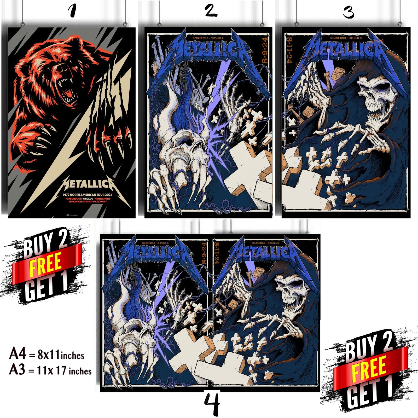 METALLICA M72 North Tour 2024 Poster Foxborough Chicago Minneapolis Seattle 🎸🤘