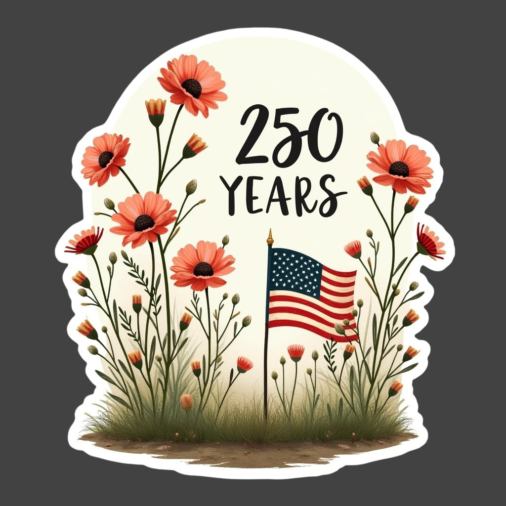 250 Years Sticker Vinyl Decal Wildflowers American Flag Patriotic USA