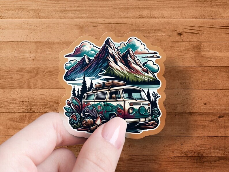 Van Life Mountain Sticker – Water-Resistant Camper Travel Decal, Outdoor Scenery