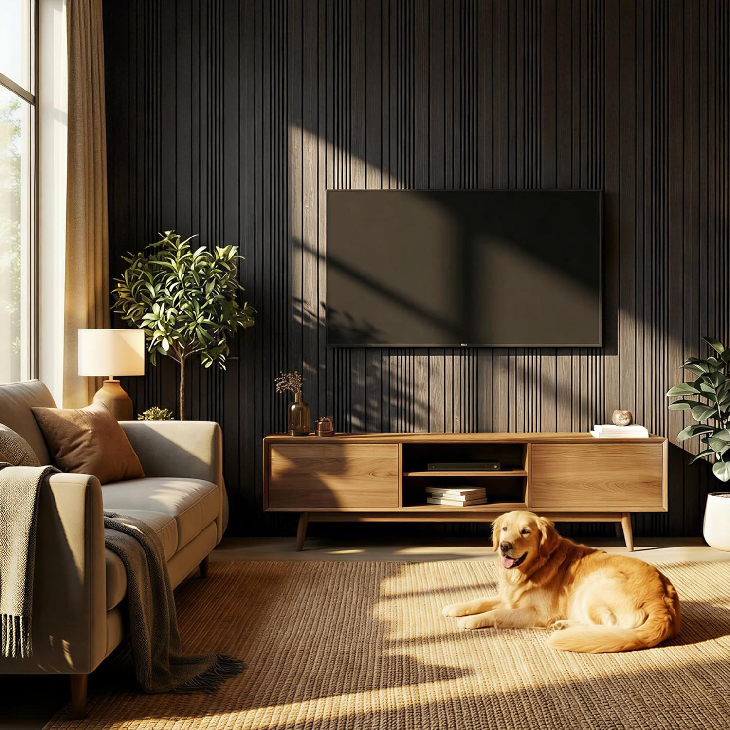 3D Wood Wall Panels – 4-Pack Acoustic Slat Decor for Home & Office, Black
