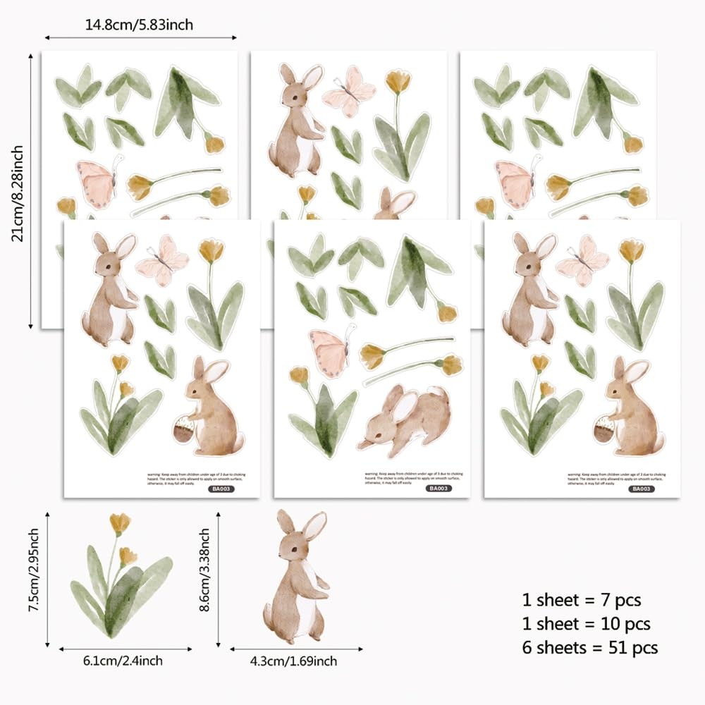 Summertime Cute Bunnies and Flowers Nursery Wall Decal, Peel and Stick Reusab…