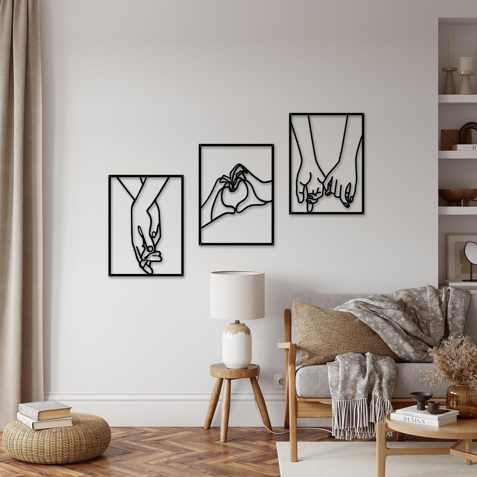EDCIJB 3 Pcs Minimalist Heart Hands Black Metal Wall Decor Single Line Wall A…