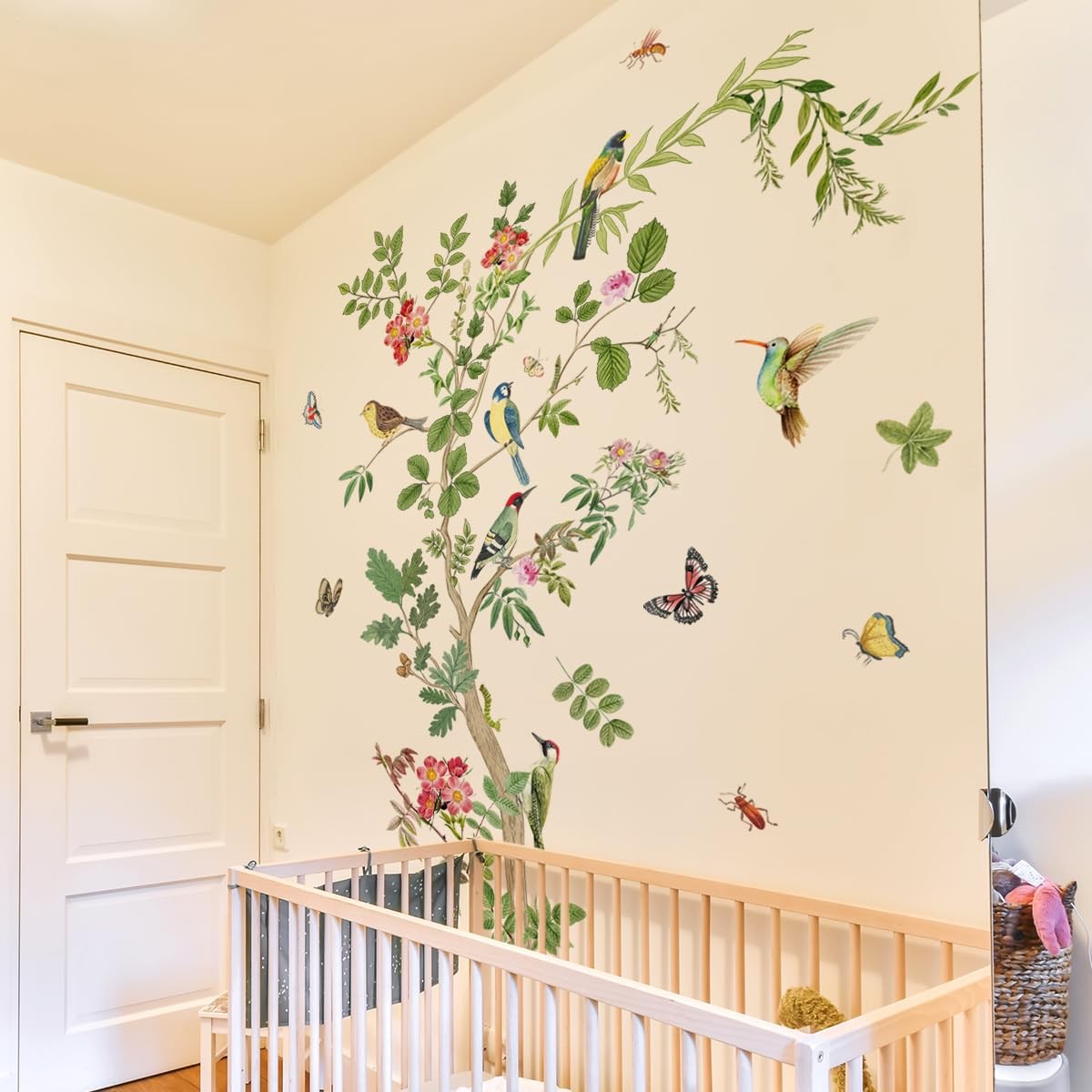 Large Green Tree Wall Decals Floral Tree Branch with Birds Peel and Stick Rem…
