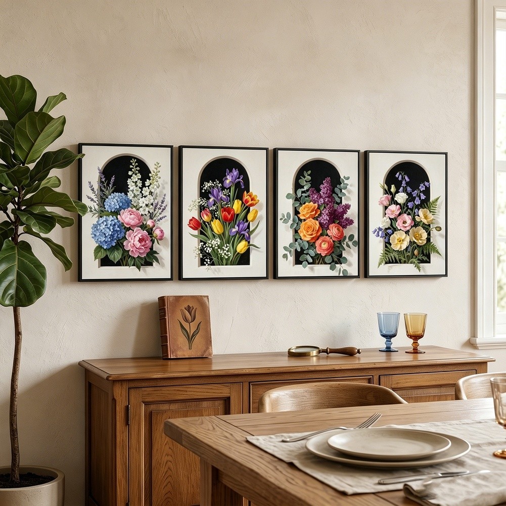 4 Piece Floral Wall Art Set Arch Window Design Canvas 30x40cm Home Decor