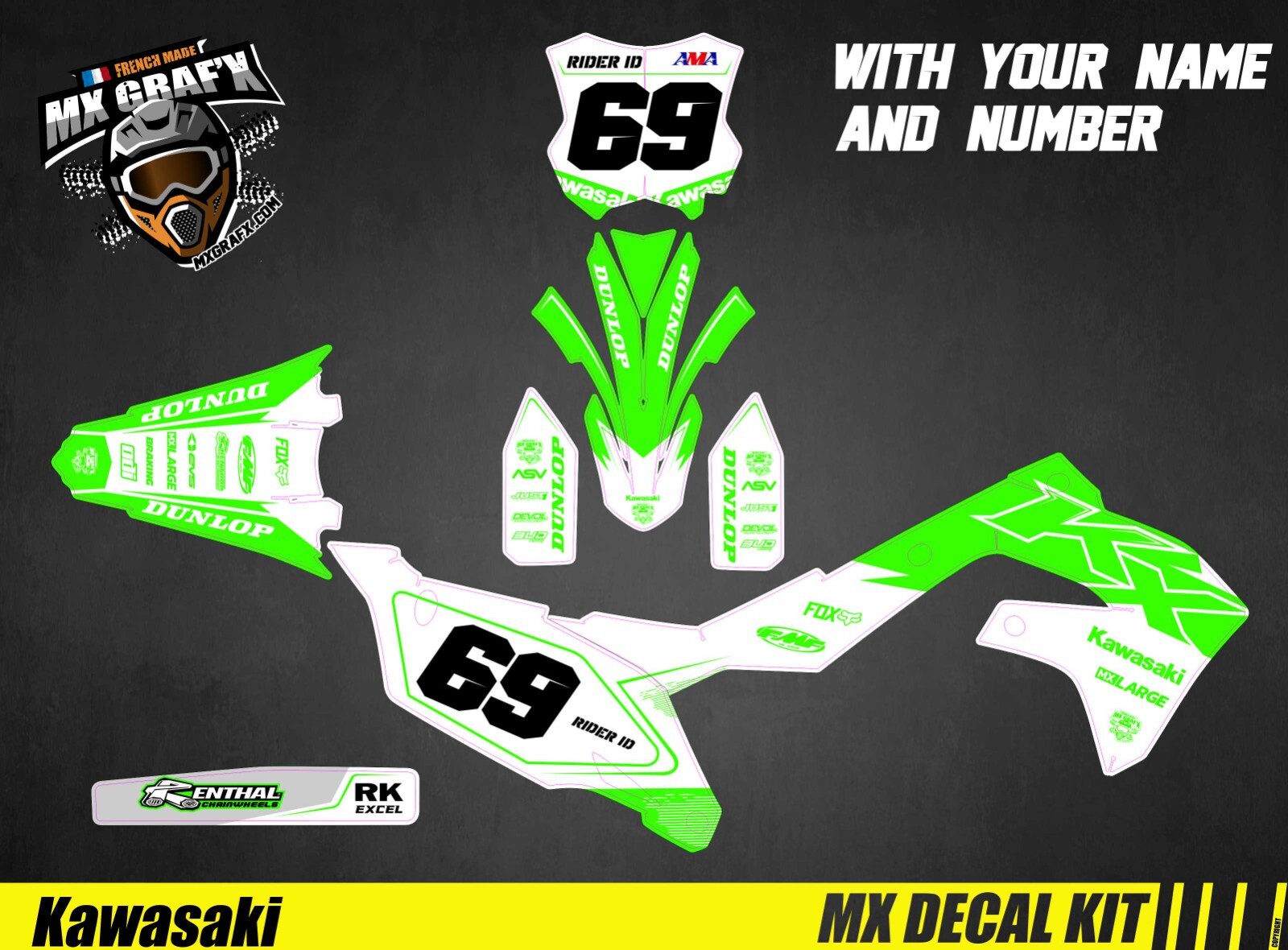 Moto Decal Kit For Kawasaki KXF – White & Green