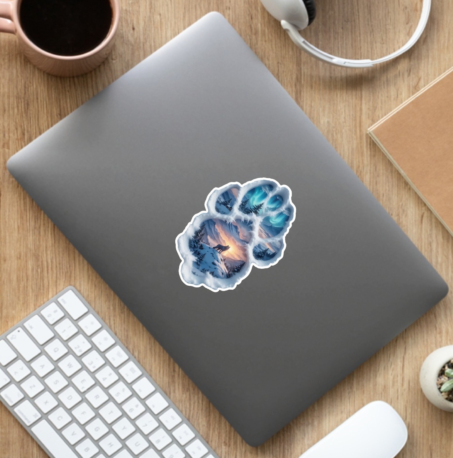 Wolf Paw Print Scene (2 Stickers) 3.5in, Waterproof, Glossy Finish Vinyl.
