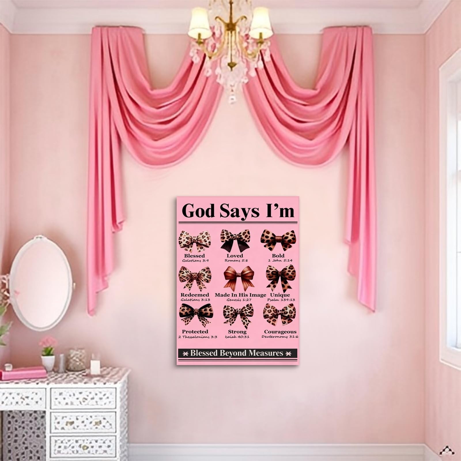 Pink Bow Wall Art Trendy Leopard Wall Decor Christian Bible Preppy Poster Pri…