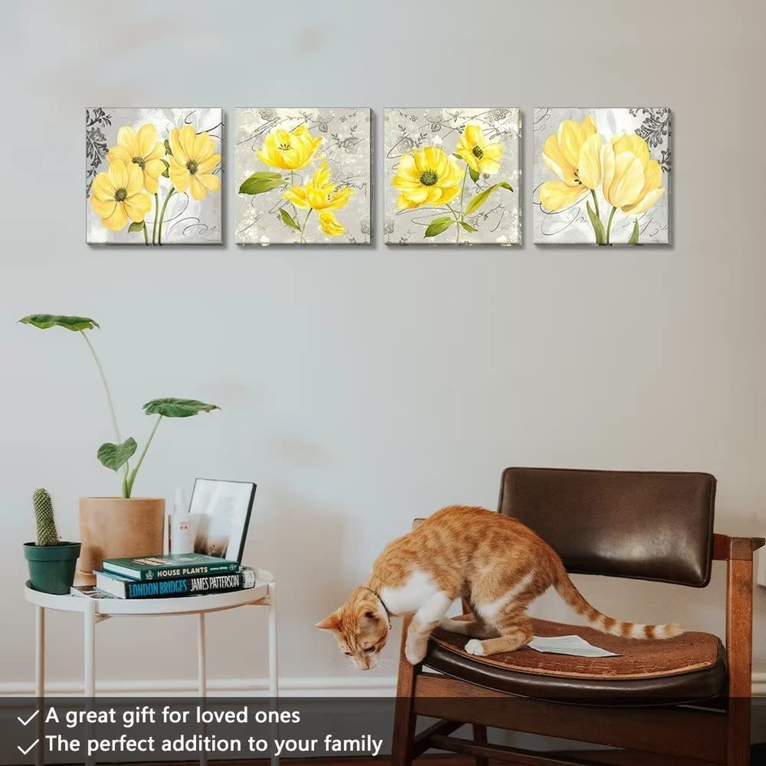 Yellow Wall Art Bedroom 4 Piece Grey Flower Pictures Kitchen Gray Floral Canv…