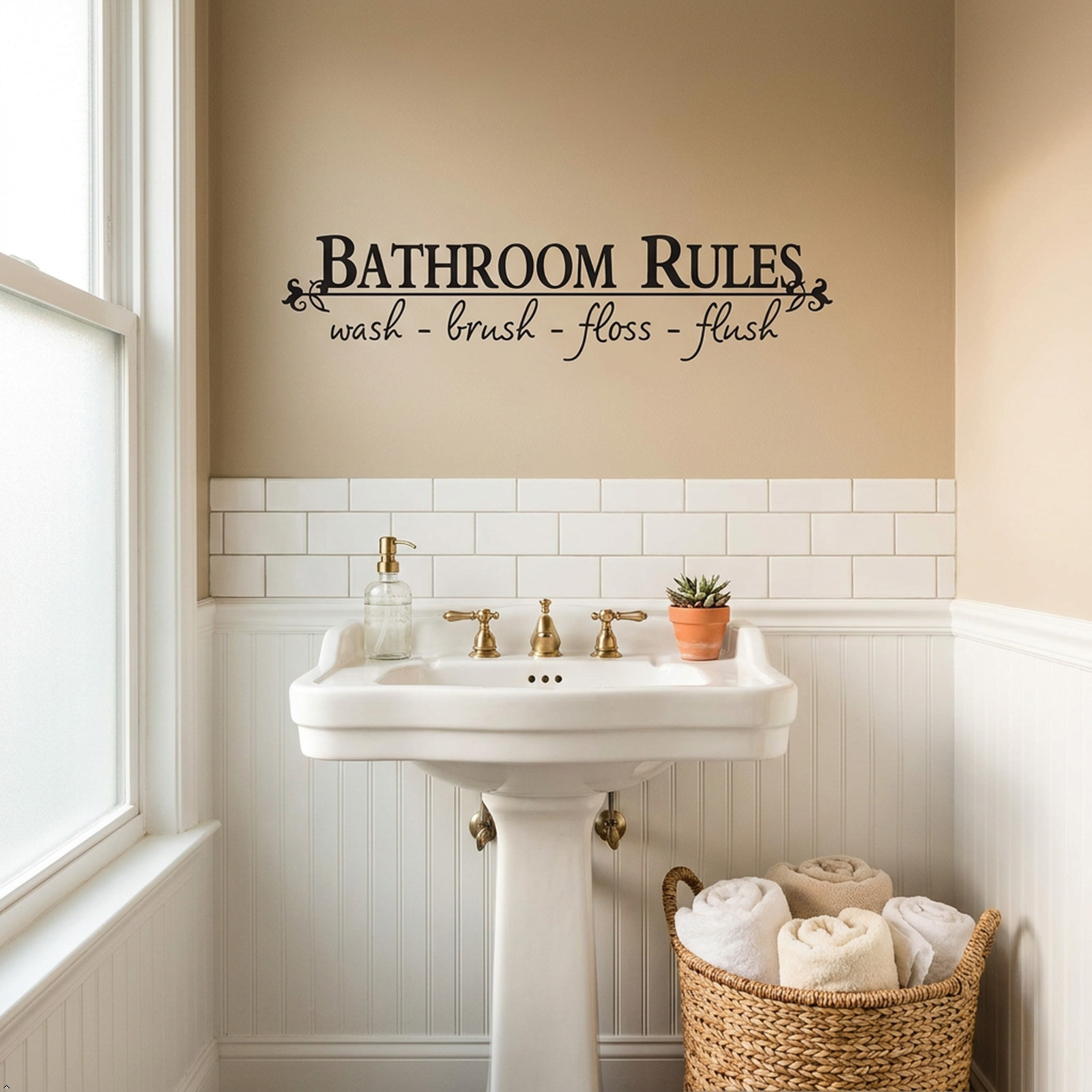 Bathroom Rules Wash Brush Floss Flush Quote Saying Wall Sticker Home Decal Decor