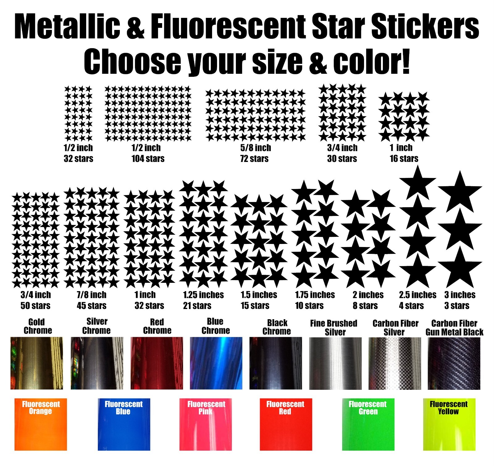 Star stickers! Pick your size and color! Fluorescent & Metallic Colors, 1/2"-3"