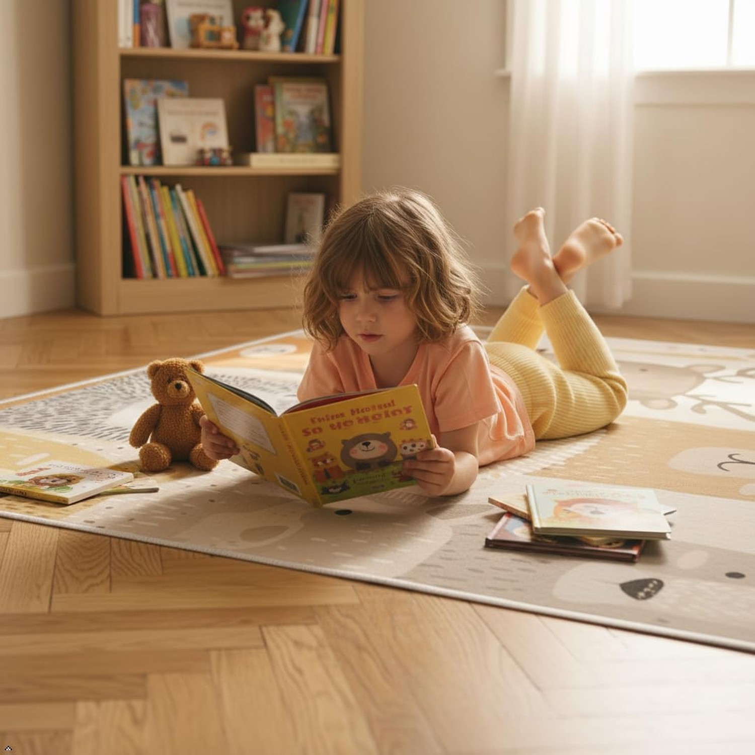 Cute Woodland Animal Rug for Kids Room – 5×8 ft Cartoon Bear Fox Lion Hedgeho…