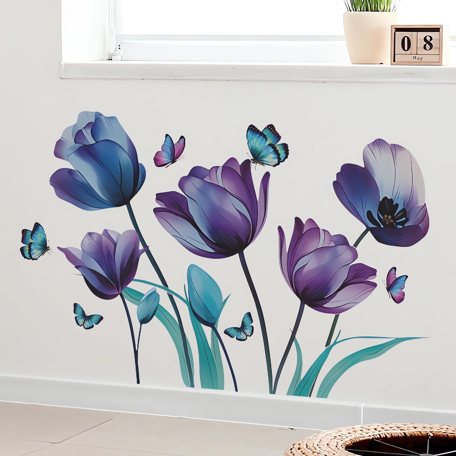 Blue-Purple Ink Rose Flower Butterfly Wall Stickers, sacinora Floral Art DIY …