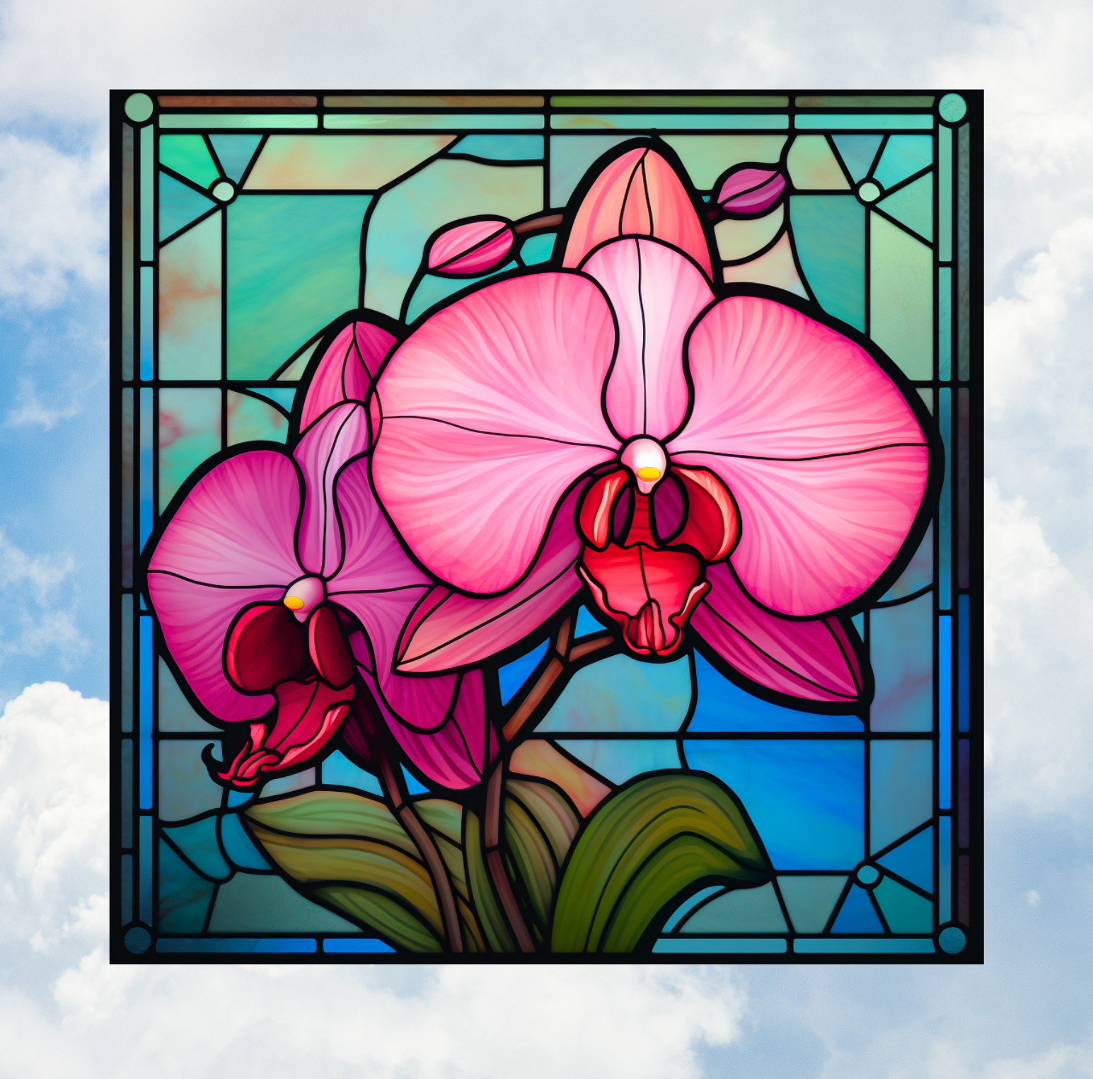 Pink Orchid Flower Faux Stained-Glass WINDOW CLING Size 8" Square Vinyl