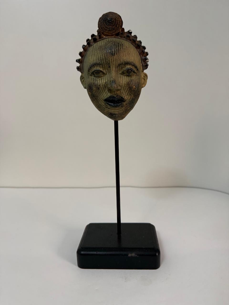 African Metal Head Sculpture Statue on Stand Tribal Art Decor Vintage Style Figu