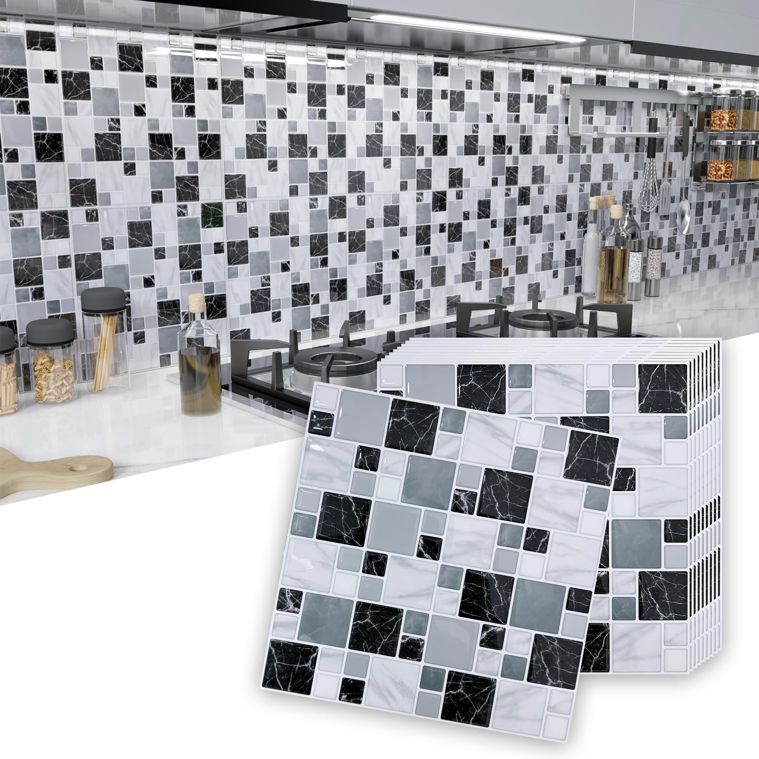 10-Sheet Peel and Stick Backsplash for Kitchen, 10” x 10” Self Adhesive Marbl…