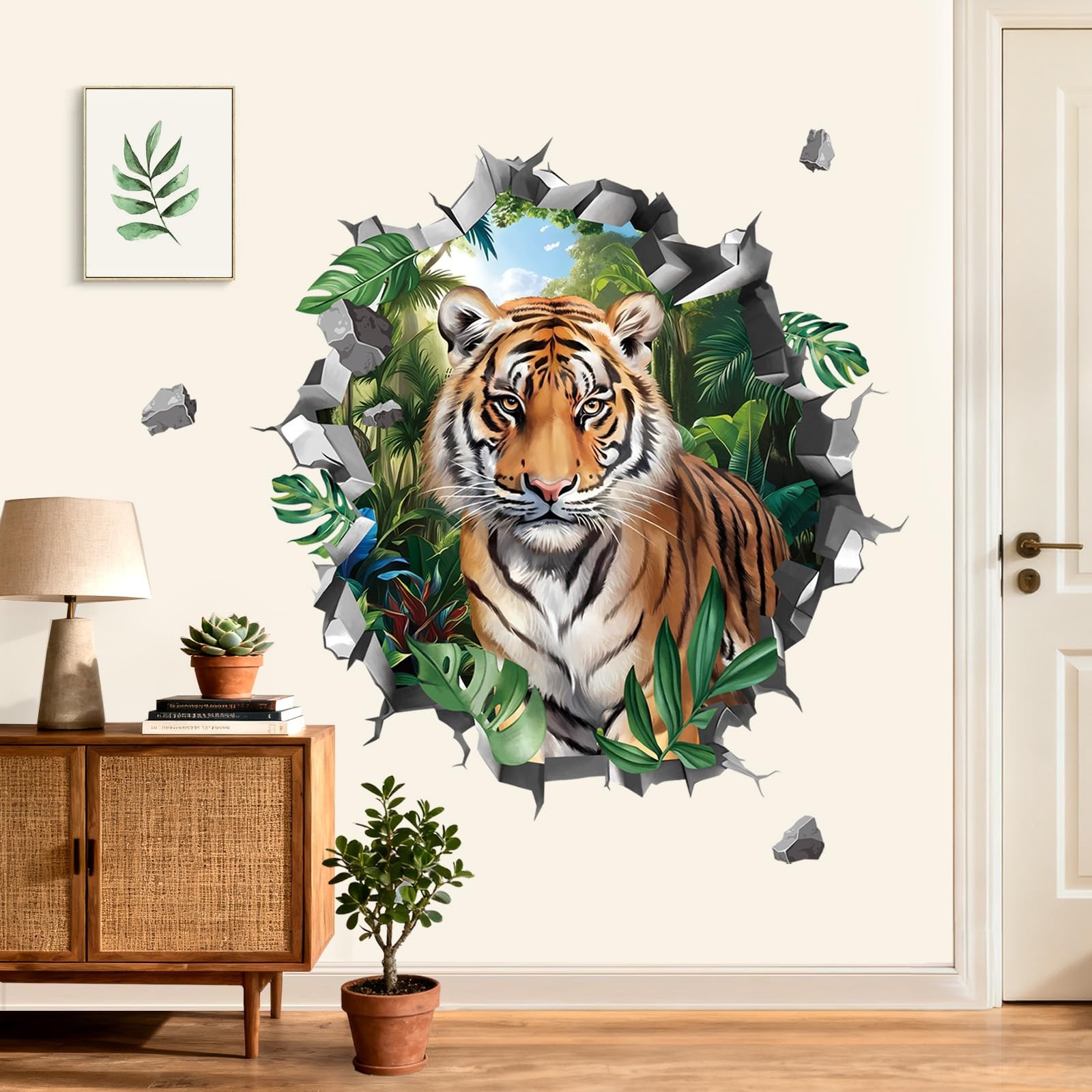 3D Safari Tiger Wall Stickers Break Through Jungle Animals Tiger Peel and Sti…