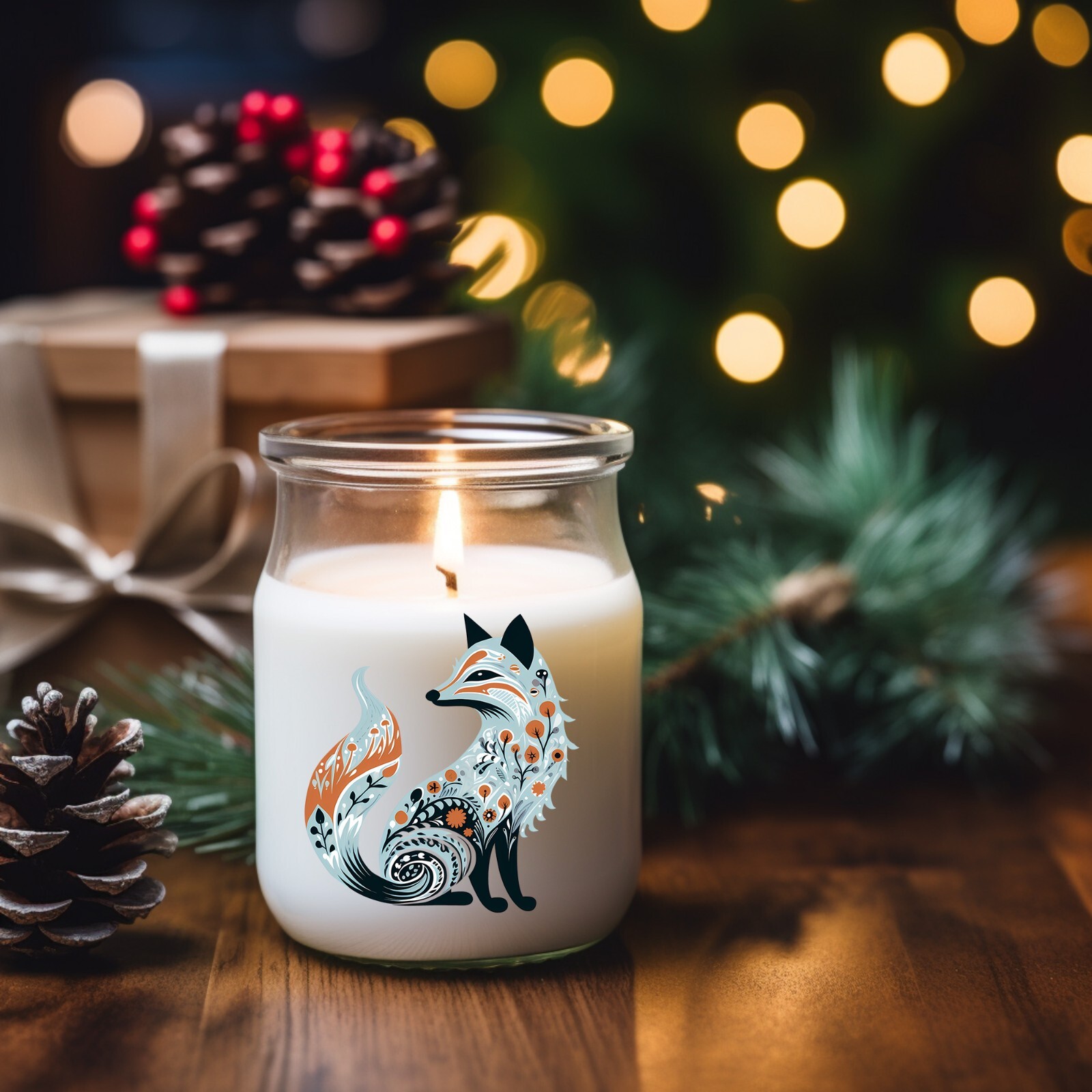 Christmas Blue Folk Art Fox UV DTF Transparent Sticker / Decal
