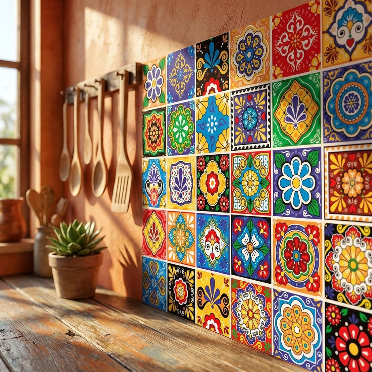 30 Pcs Mexican Talavera Tile Sticker Peel and Stick,4X4 Inch Waterproof Tile Sti