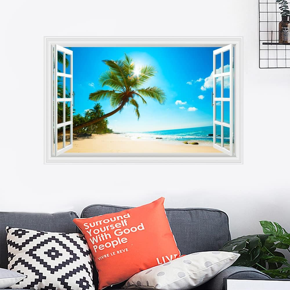 Kiddale Fake Windows Wall Sticker, Removable 3D Beach Seascape Faux Windows Wall
