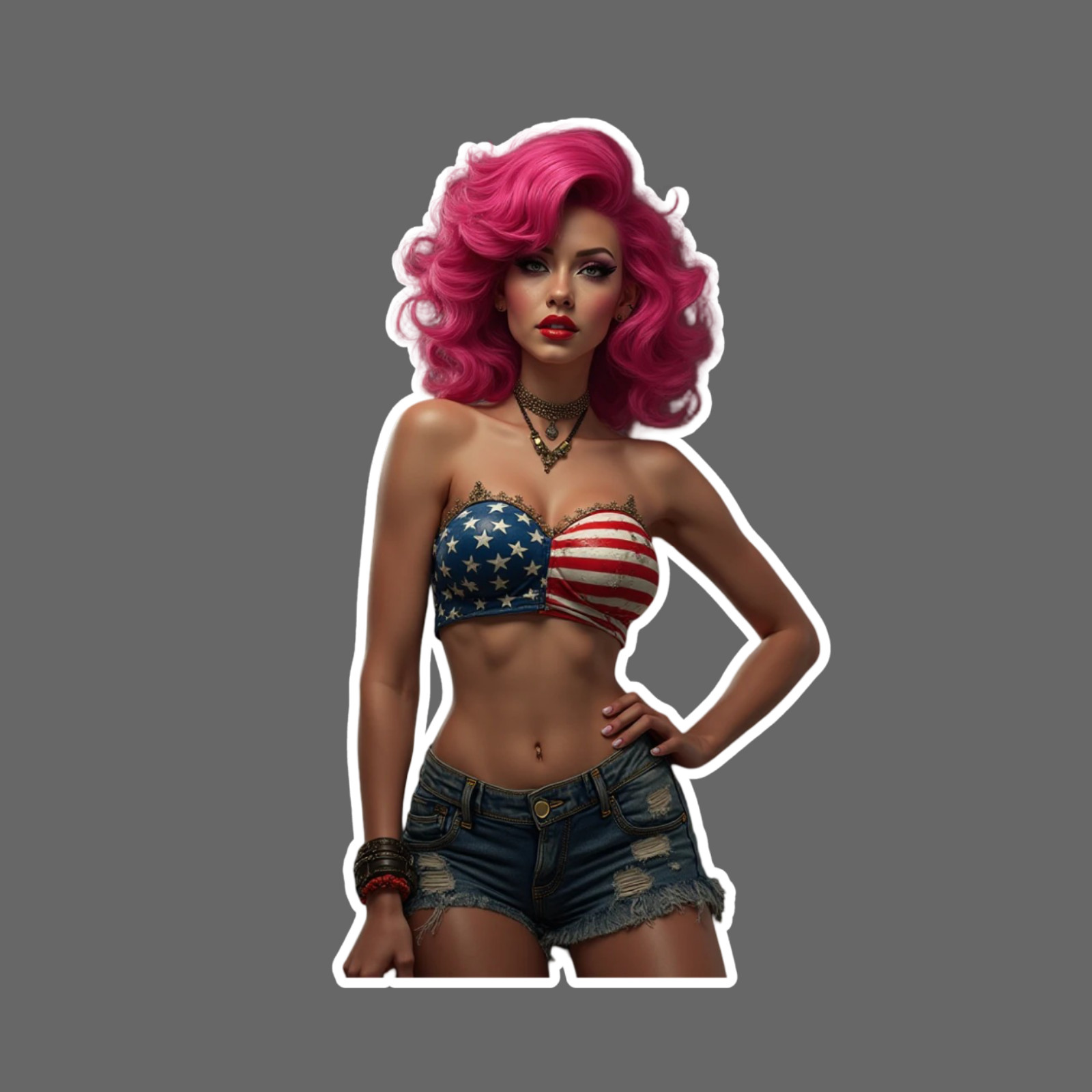 Pinup girl sticker vinyl decal pink hair flag lingerie retro rockabilly USA