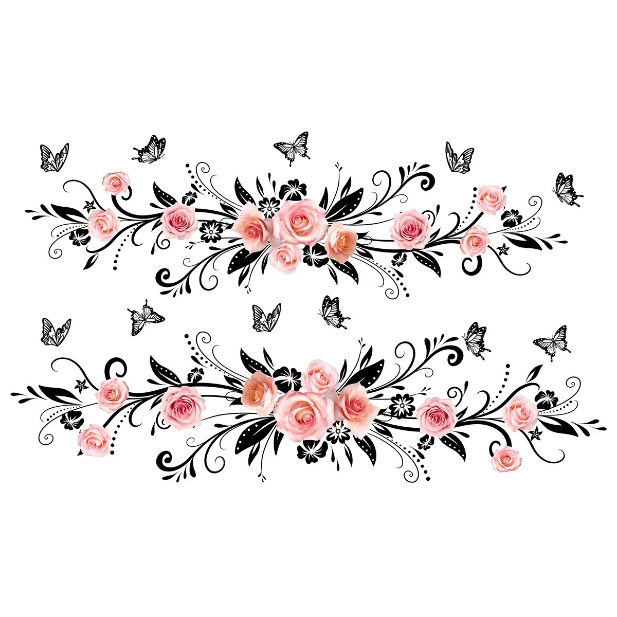 Pink Rose Black Butterfly Glass Clings Double-Sided Window Film Bathroom Decor