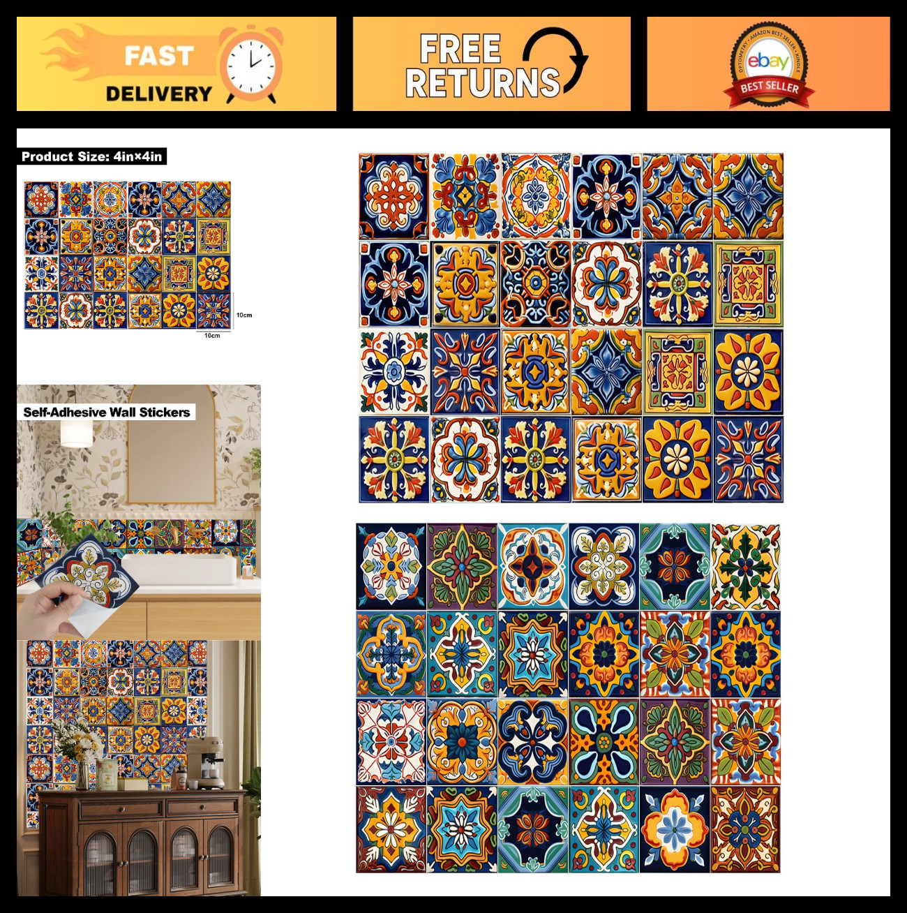 48Pcs Peel and Stick Tile Stickers, Moroccan Wall Decals for Kitchen & Bathroom