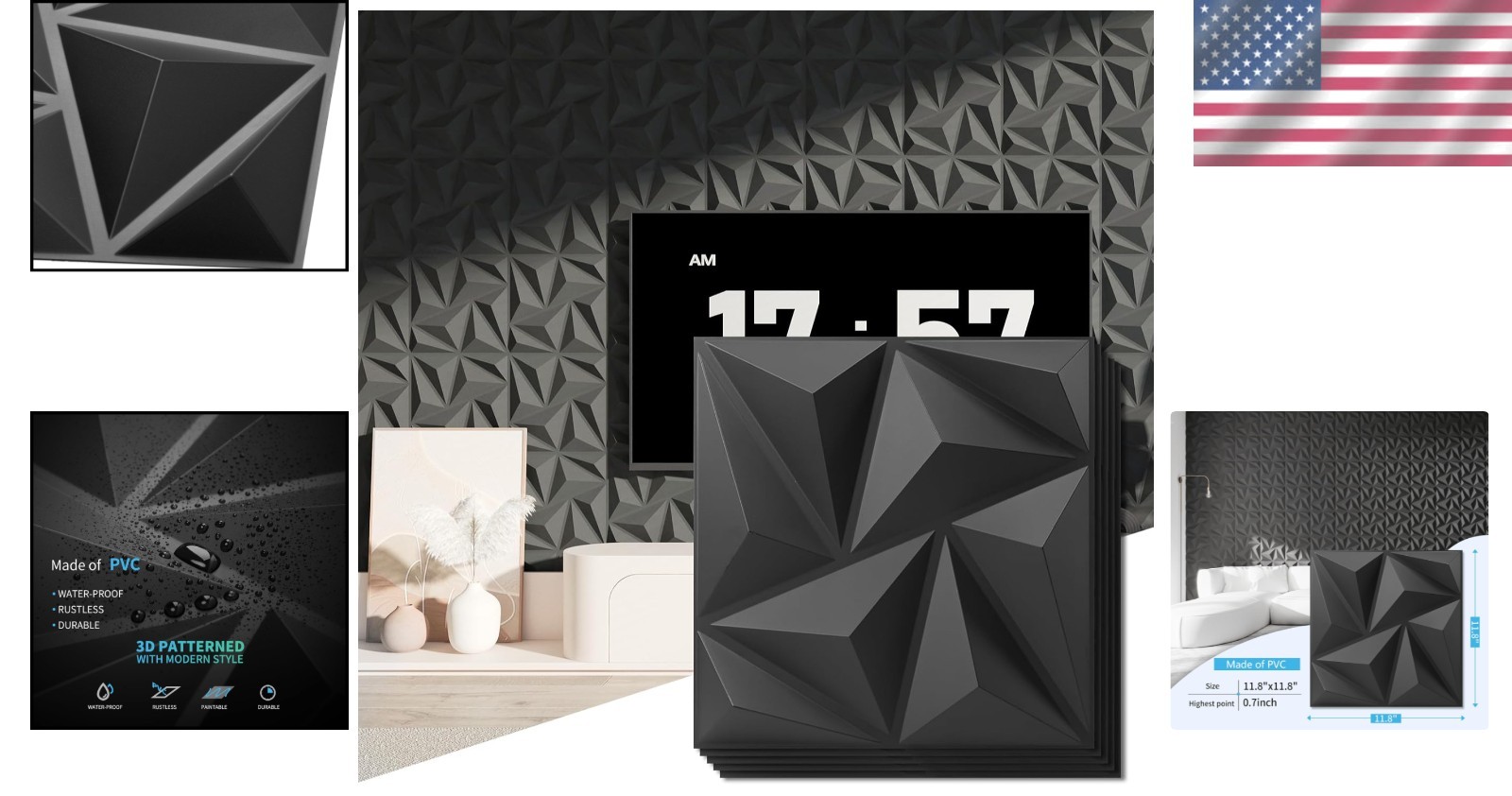 20-Pack 3D Black PVC Wall Panels – Lightweight Glue-Up Decor for Modern Spaces