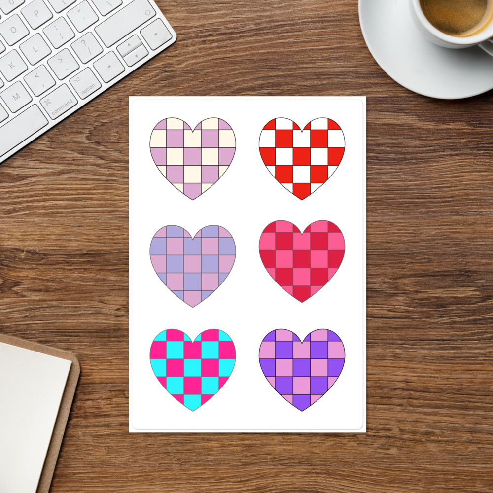 6 Retro Heart Stickers – Hearts Sticker Sheet – Multi-Colored