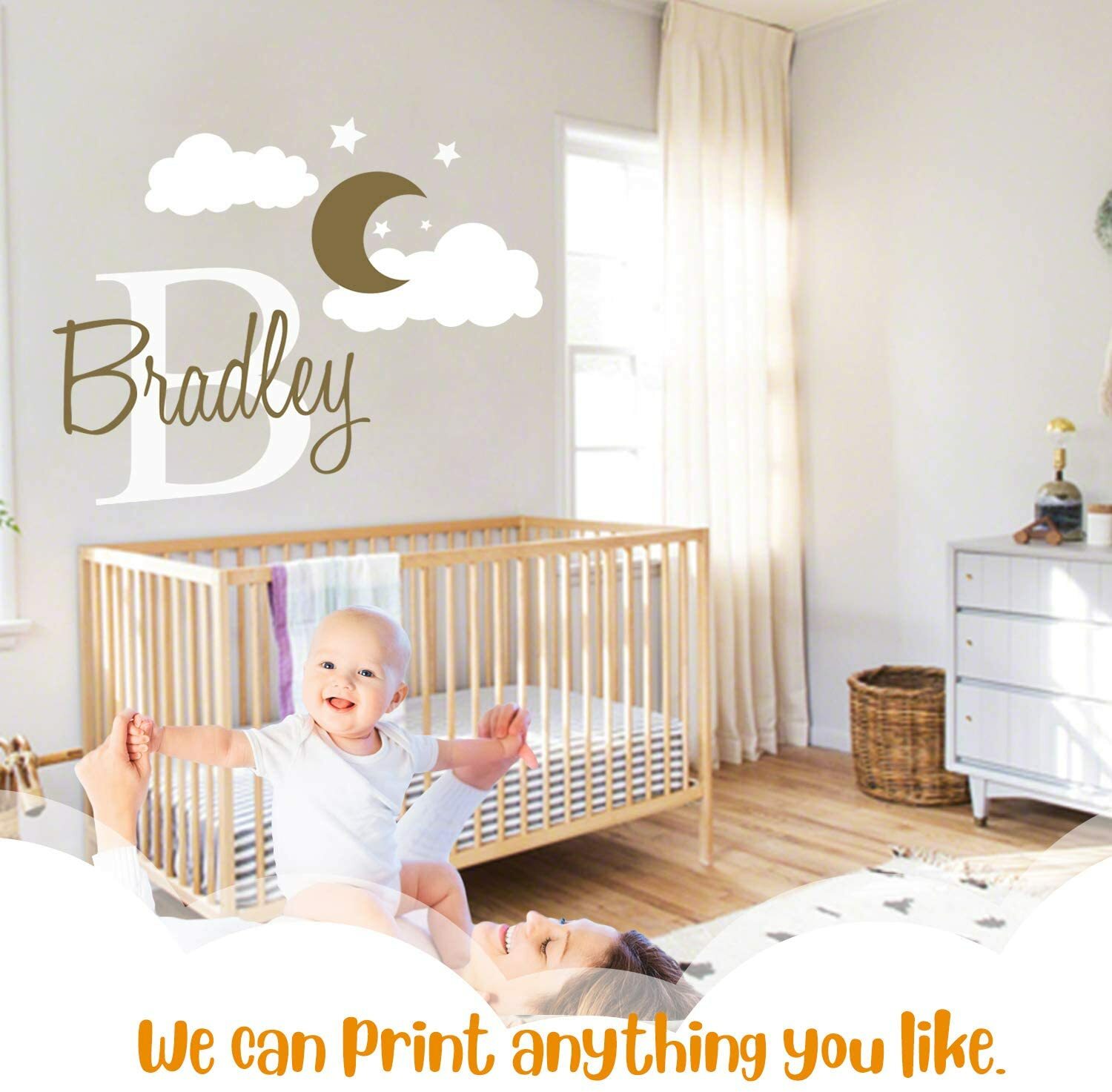 Customize Your Name & Initial Moon Clouds Stars – Baby Boy – Nursery Wall Decal