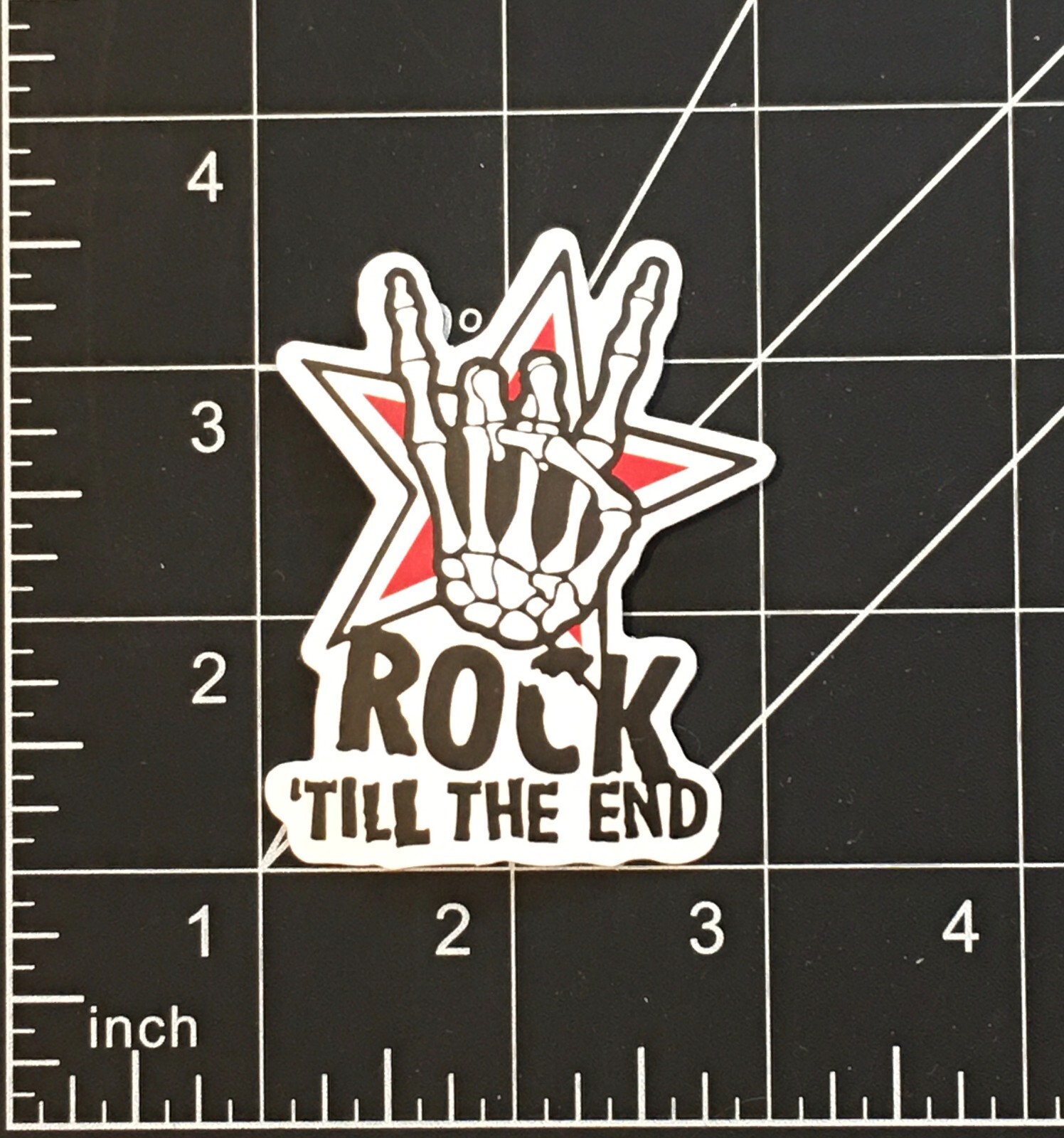 Rock Till the End Vinyl Sticker Skeleton Hand Red White Black Devil Horns