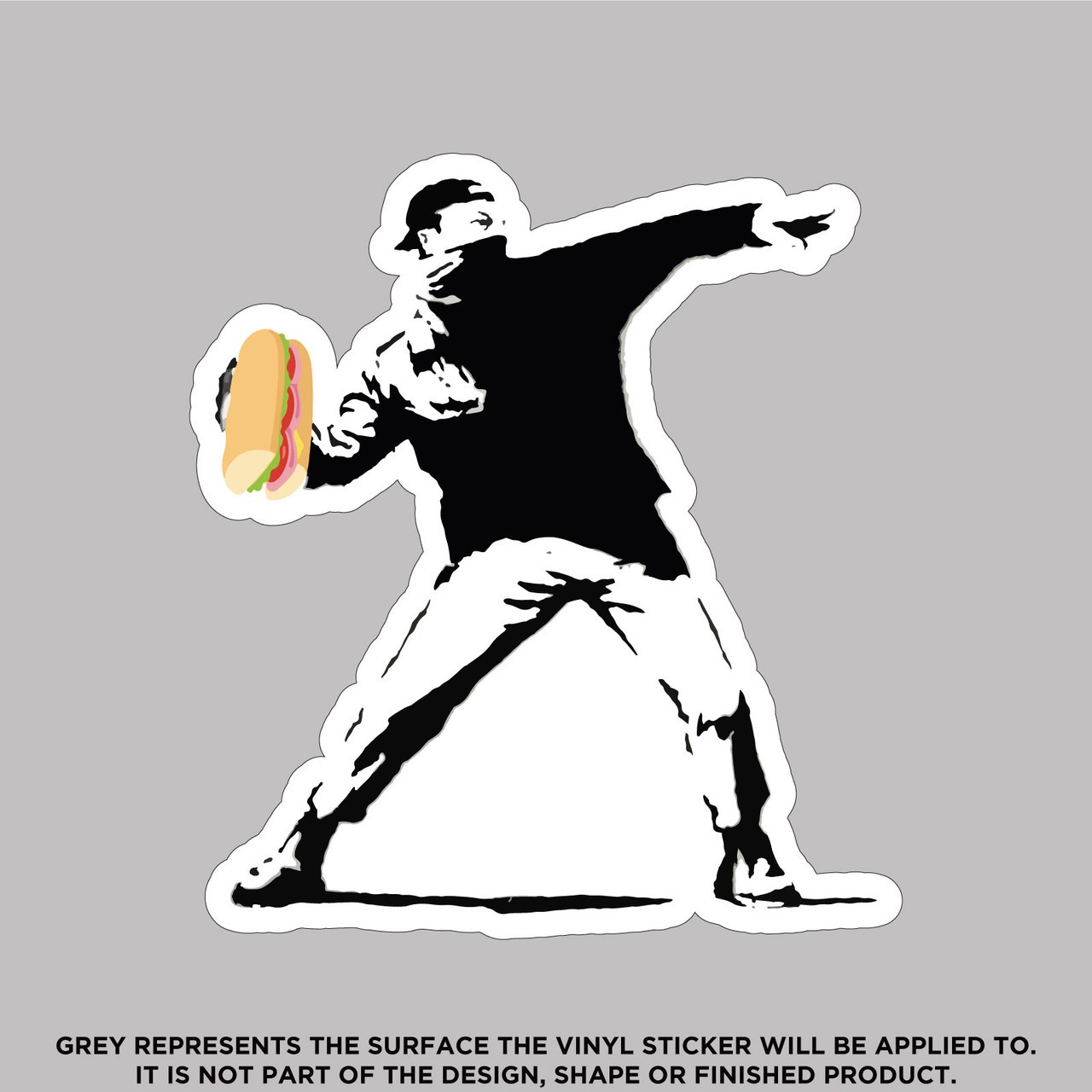 Banksy Style Man Throwing Sandwhich, High Quality Vinyl Stickers