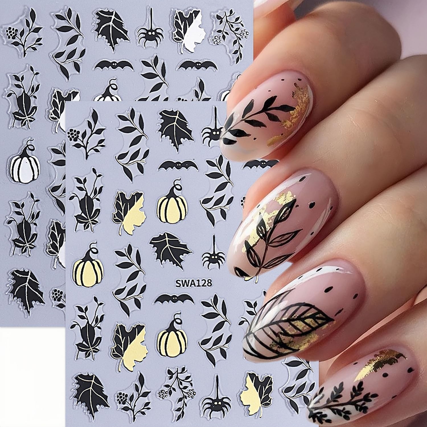 8 Sheets Fall Halloween Nail Stickers for Art 3.9in*3.15in, Multicolor