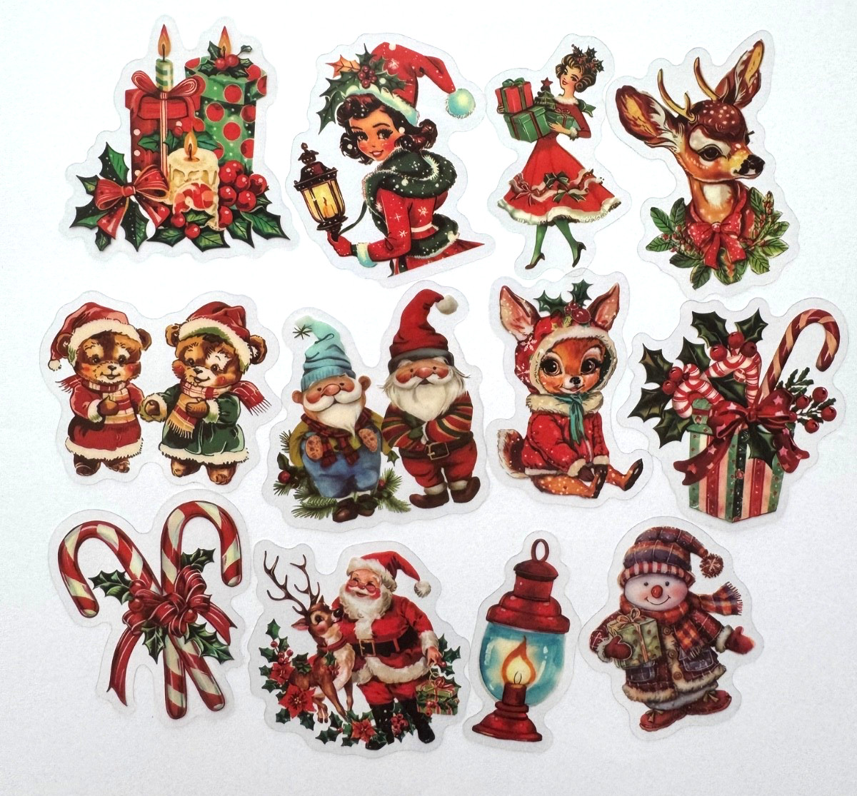 Retro Christmas Stickers Transparent Vinyl Holiday Santa Elf 7pcs Random Mix