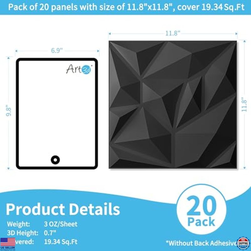 20 Pack 3D Wall Panels Black PVC Art for Living Room Bedroom Gaming Decor 11.8"