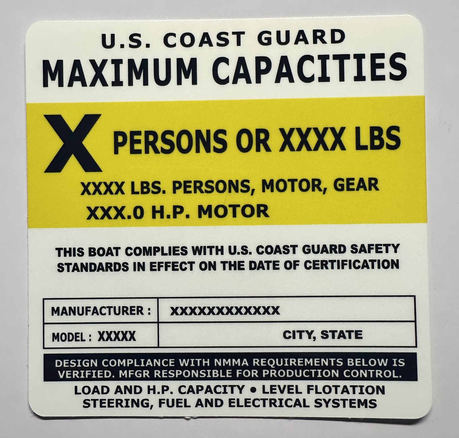 Custom Boat Capacity Plate Decal Sticker | USCG 4×4 Marine Tag 3M