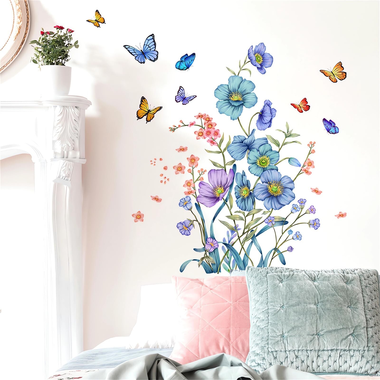 Blue Botanical Flower Butterfly Wall Stickers, sacinora Floral Art Green Plan…