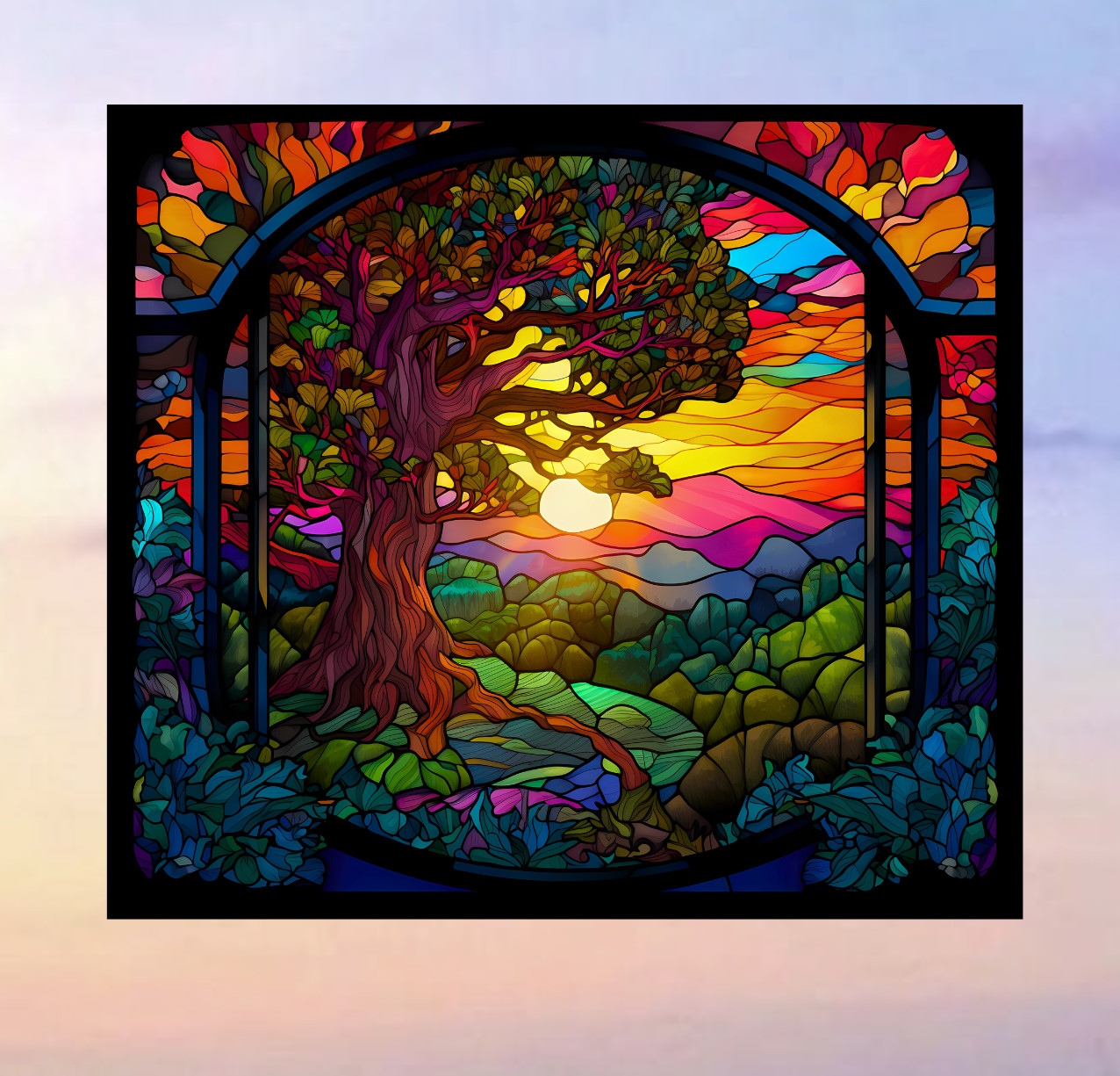 Tree at Sunset Faux Stained-Glass WINDOW CLING Size 9" Repositionable Vinyl