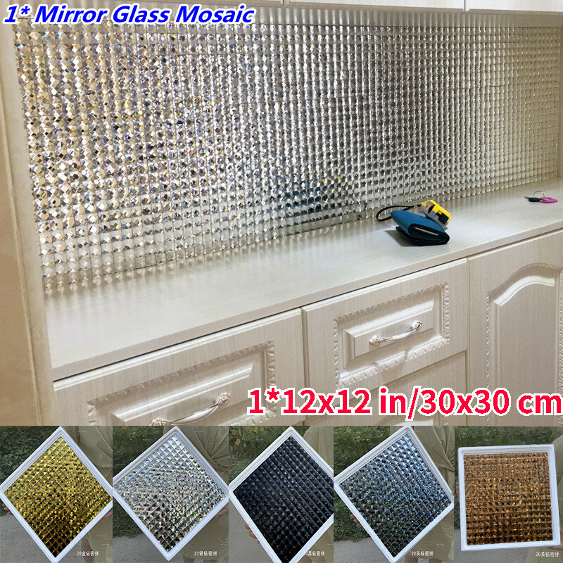 1x Mirror Glass Crystal Wall Tile Sticker Self Adhesive Diamond Backsplash Decal