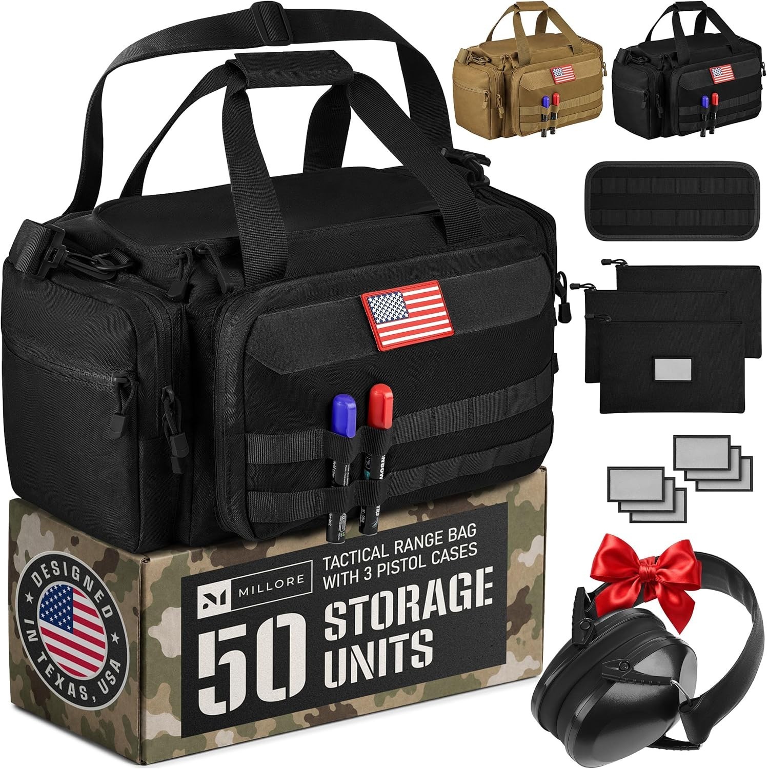 Gun Range Bag with 3 Pistol Cases, Removable MOLLE Organizer, Total 50 Storage U