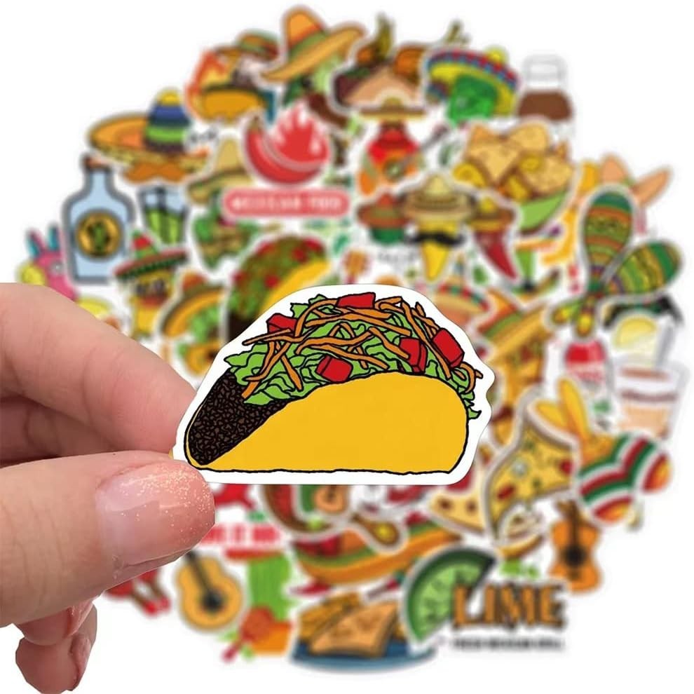 50 Cartoon Taco Stickers – Fun Waterproof Vinyl Decals for Kids & Teens