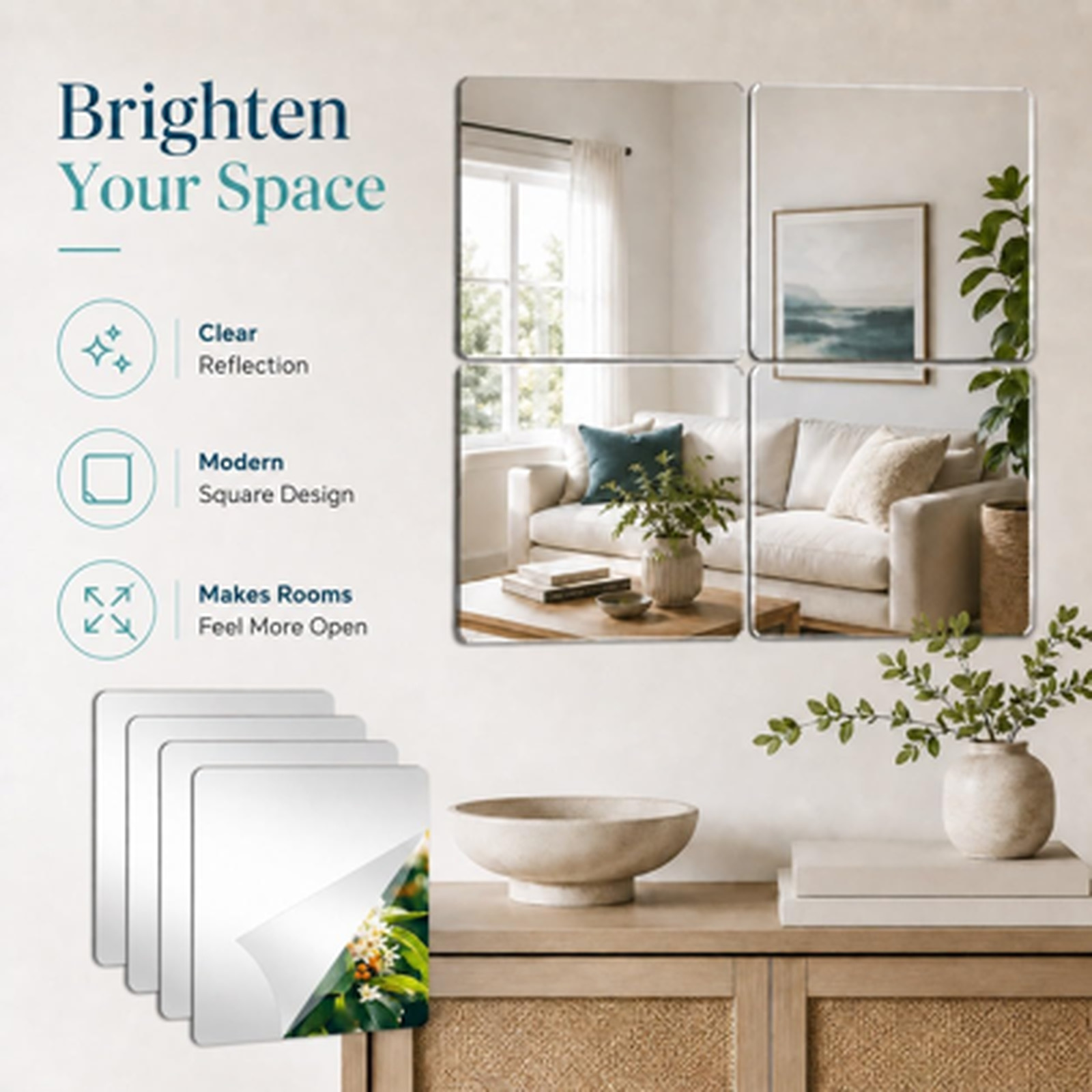 Peel and Stick Mirror Tiles 8 Inch Acrylic Self Adhesive Wall Decor for Bedroom