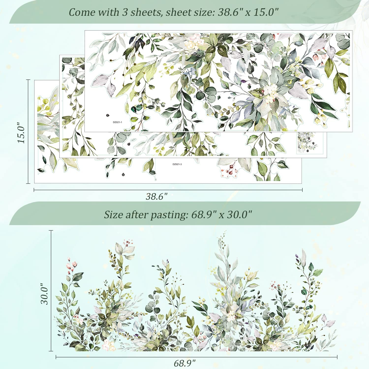 Green Plants Leaves Wall Decals Peel and Stick, Large Floral Flowers Wall Sticke