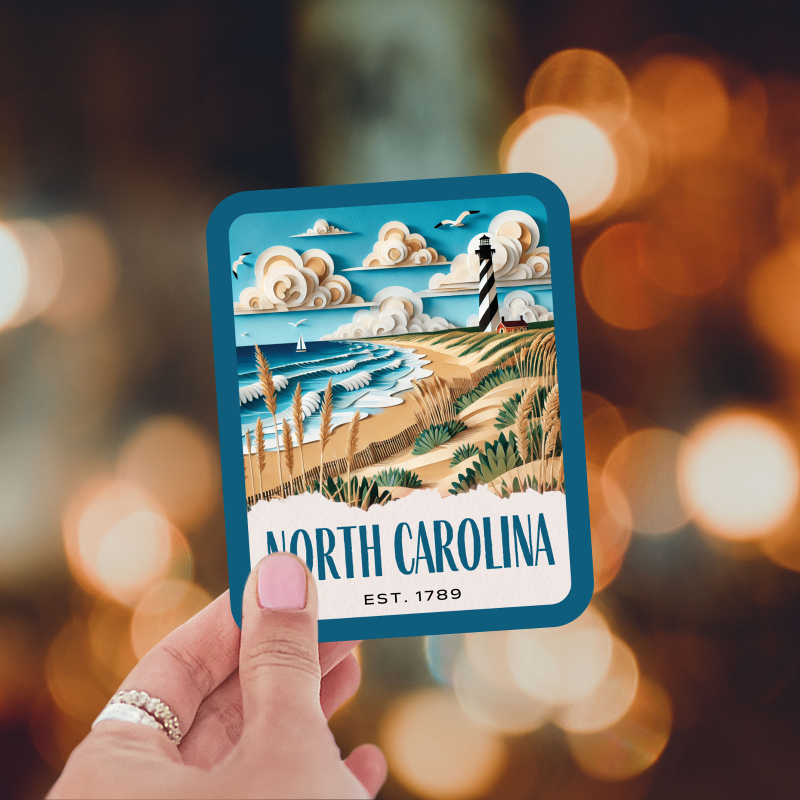 North Carolina State Sticker, Paper Collage Look, Cape Hatteras Vinyl Decal
