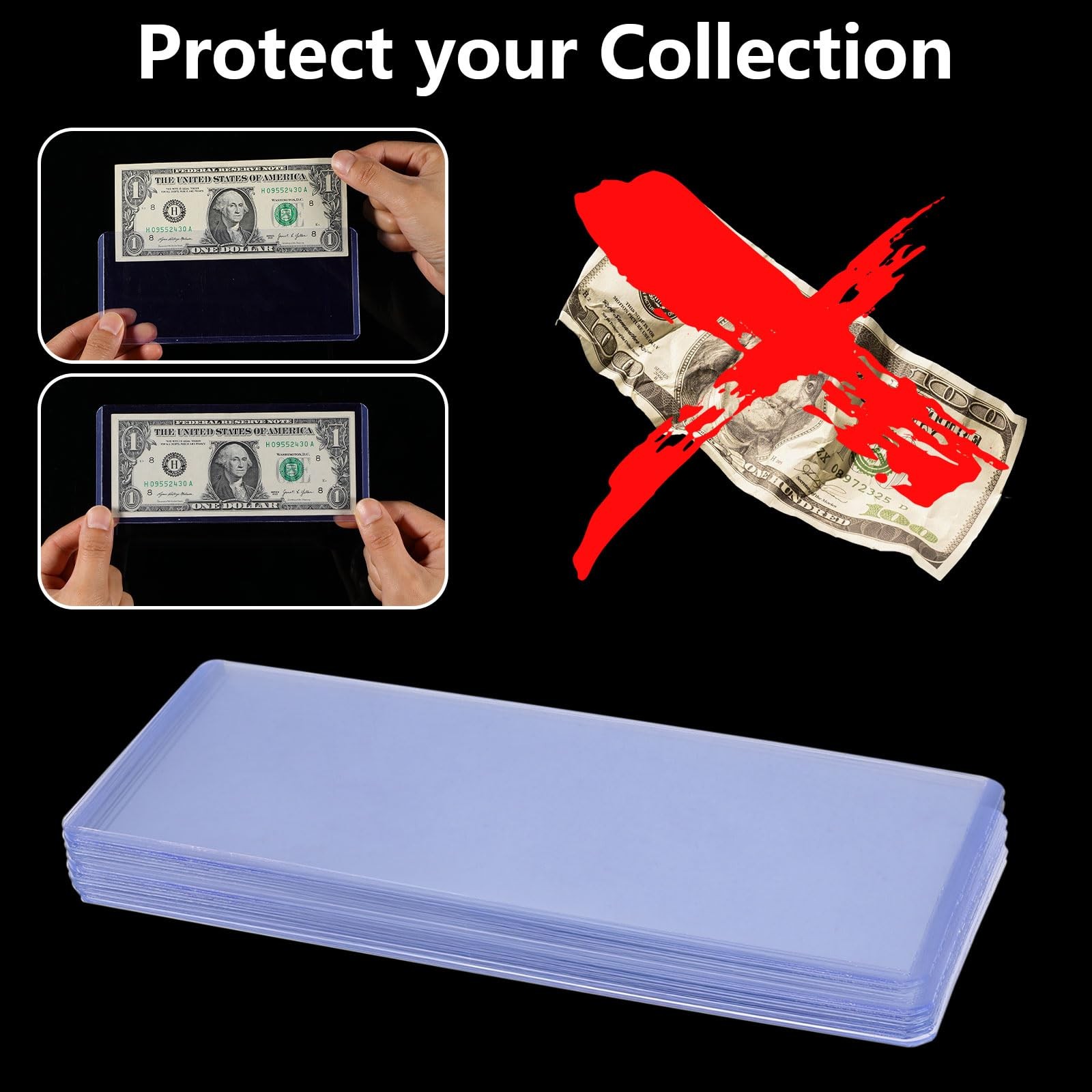 6 Pack Clear Dollar Bill Holders 6.81 x 2.95 Inch Transparent Currency Sleeves