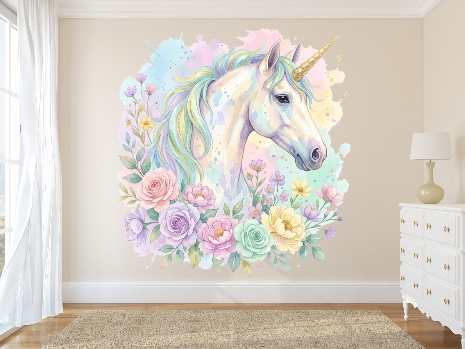 Floral Unicorn Wall Decal Vinyl Sticker Watercolor Nursery Girls Room Decor M-77