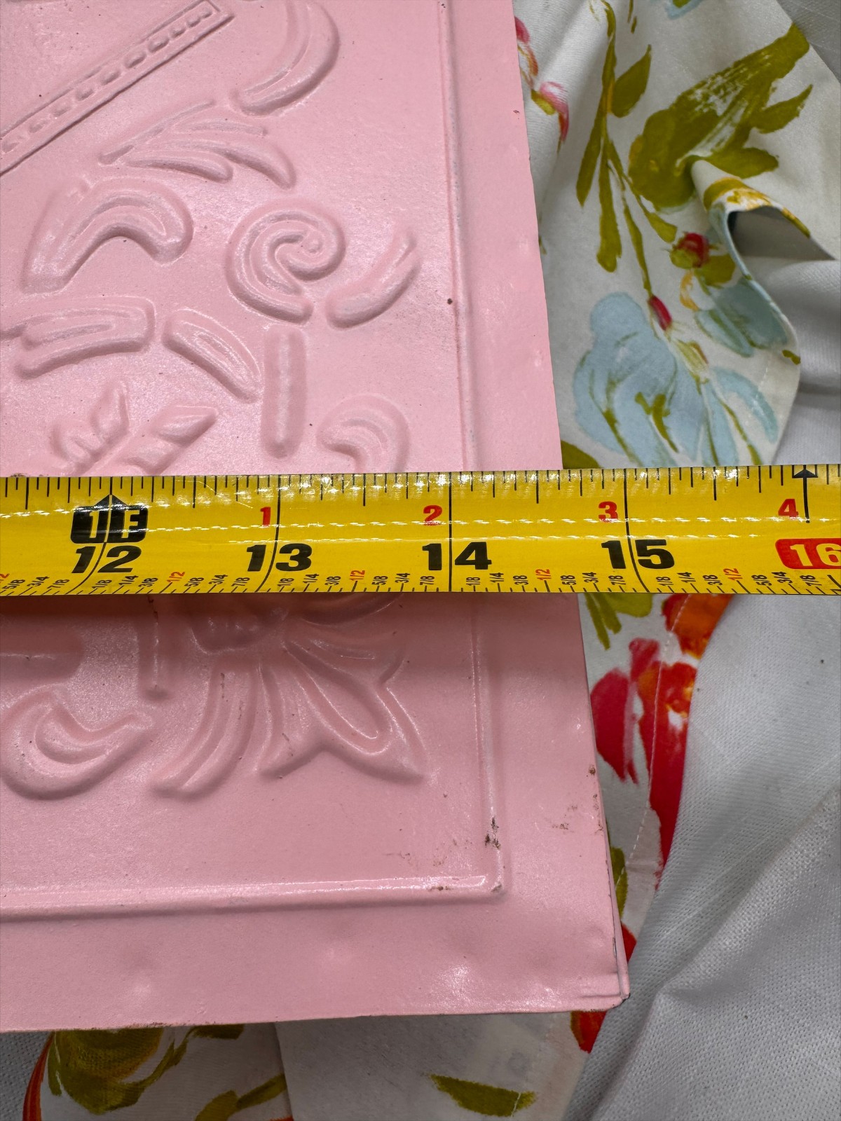 Pink Metal Embossed Floral Tin Tile Wall Pocket Hanging Planter 15" Shabby Chic