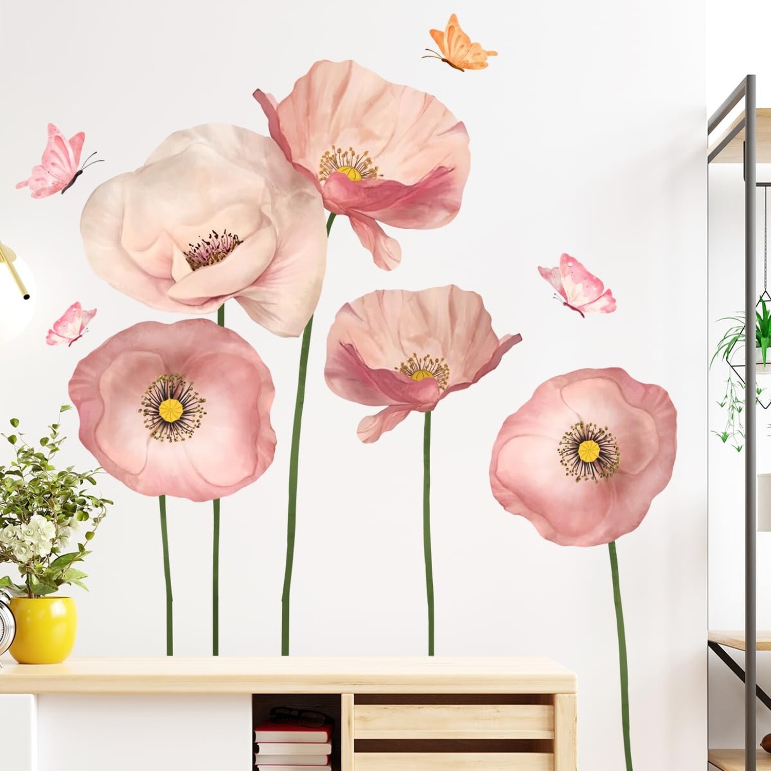 2 Sheets Giant Pink Flower Wall Stickers 5 Poppy Flowers Wall Decals DIY Peel…