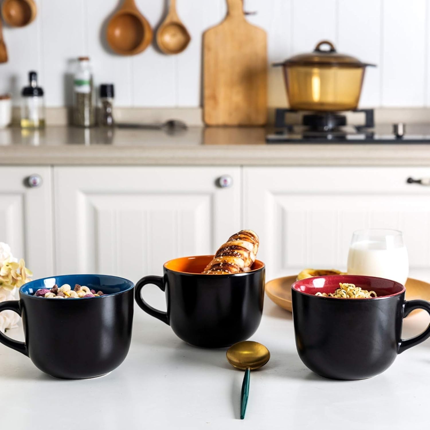 Jumbo Soup Mugs with Handles, 24 Oz Large Coffee Mugs Set of 4, Ceramic Soup bow