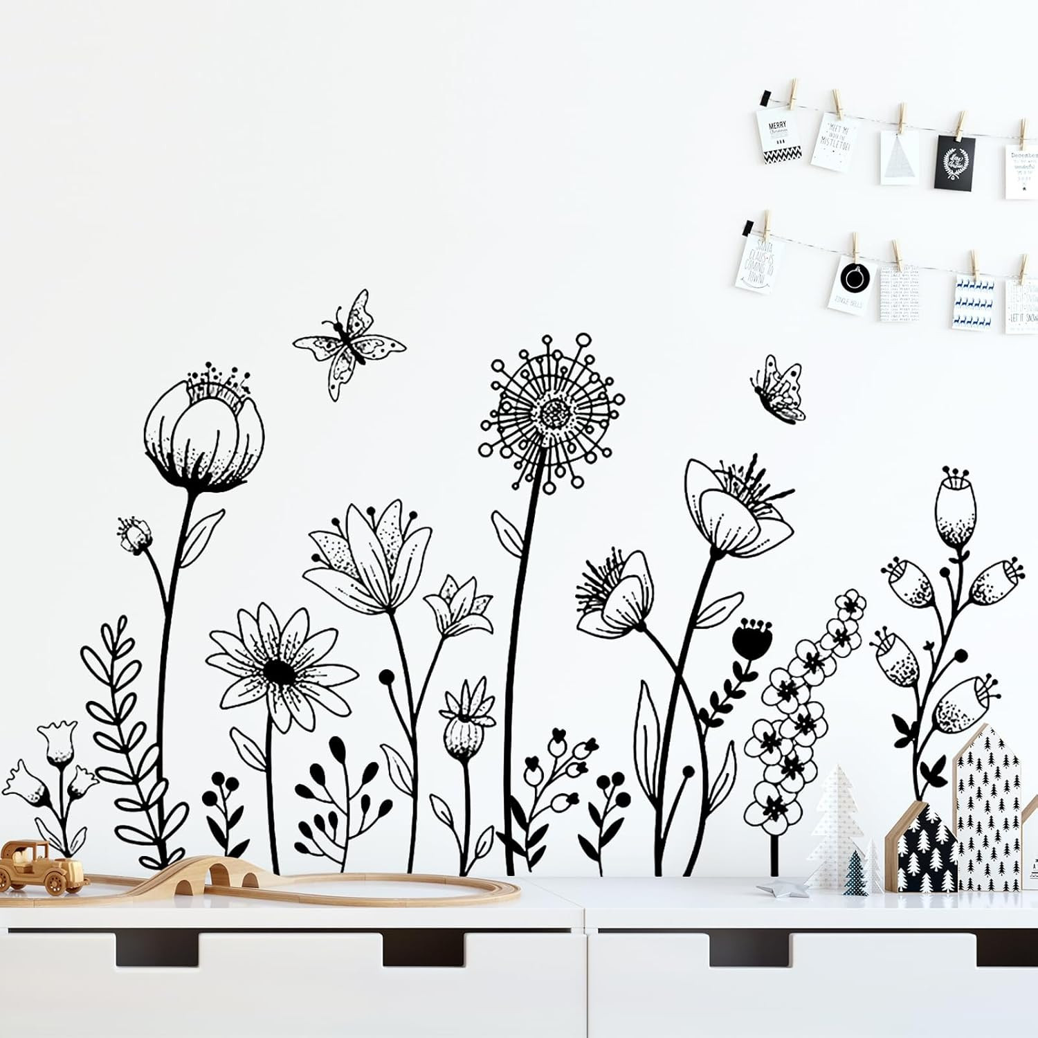 Black Flower Wall Decals Peel and Stick Simple Boho Flower Wall Sticker Wildflow